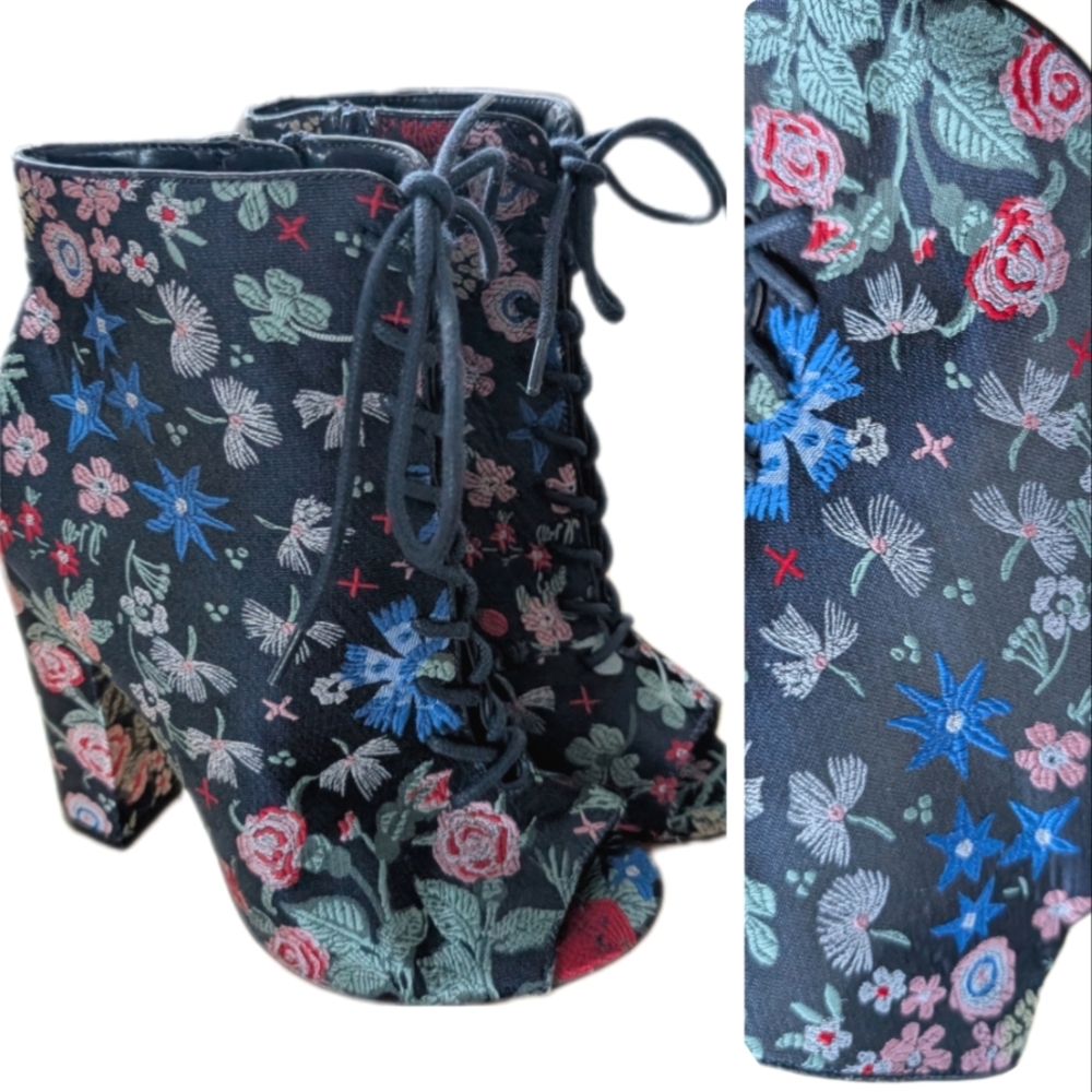 Steve Madden Open Toe Boots Embrace 7.5 Blue Floral Lace Up High Heel Zip Bootie